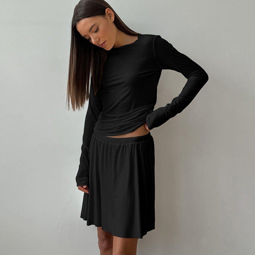 Comfortable Knit Women's Lounge Set, Slim Fit Stretch Long Sleeve Short Dress Two-Piece, Soft Skin-FriendlyAutumn/Winter