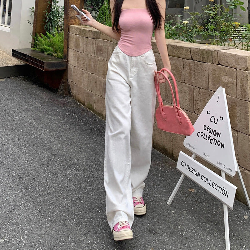 White Denim Pants Women High Waist Slim Straight Loose Tall Floor-Length Wide Leg Trousers