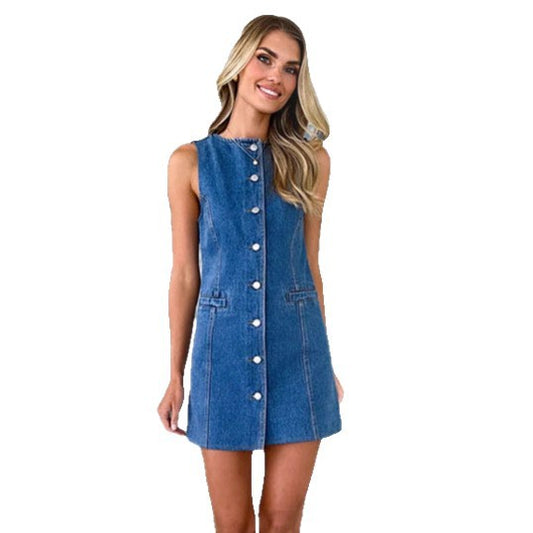 High-Waisted Fitted Round Neck Denim Blue Vest Dress for Women