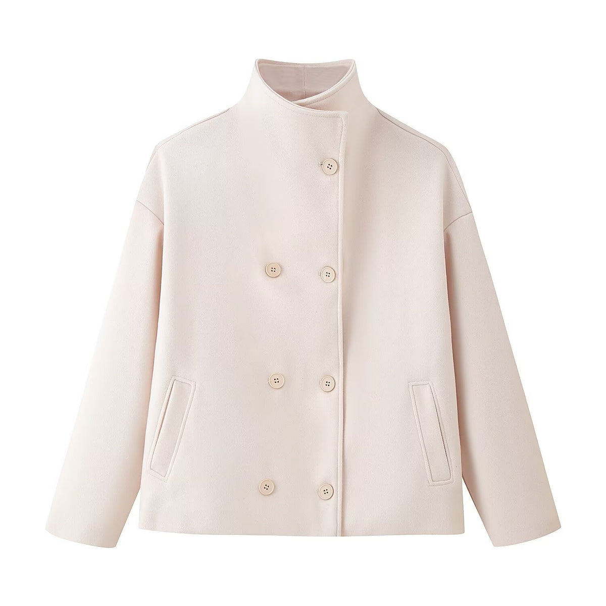 Stand up collar double breasted short woolen jacket