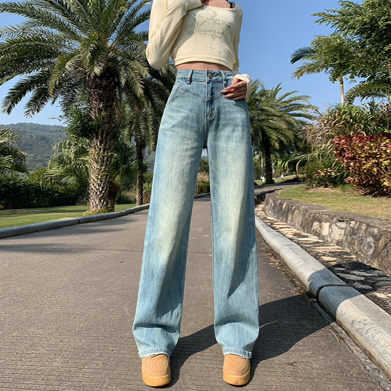 Women's Narrow  Straight Leg Jeans Summer New High-Waist Elastic Wide-Leg Floor-Length Pants
