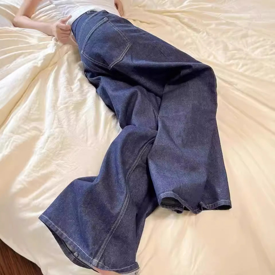 Vintage Deep Blue Wide Leg Jeans Women  Design Loose Straight Tapered Long Pants