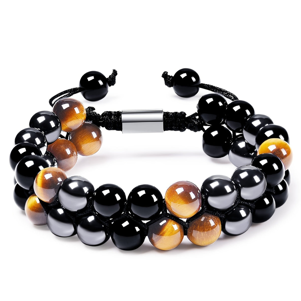 Bracelet Homme Yoga | Oeil de Tigre & Agate Noire | Magnétique Ajustable