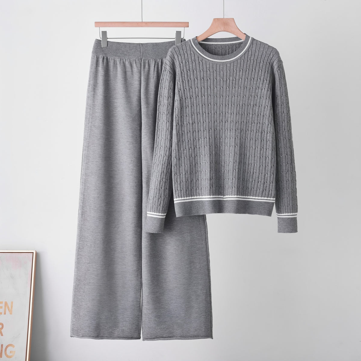 Chic Knit Two-Piece Set with Cable Knit Sweater, Round Neck, Long Sleeve Knit Top