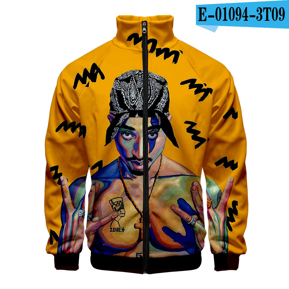 Rap singer 2PAC peripheral 3D color printed casual stand up collar sweatshirt