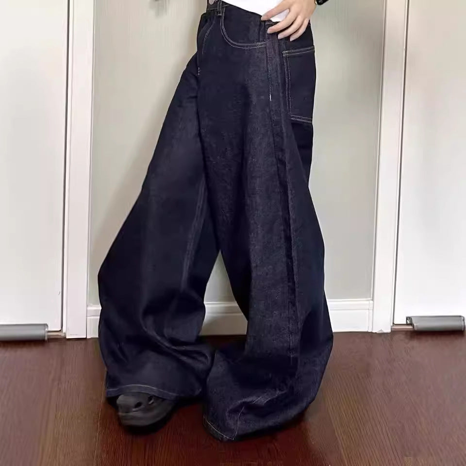 Vintage Deep Blue Wide Leg Jeans Women  Design Loose Straight Tapered Long Pants
