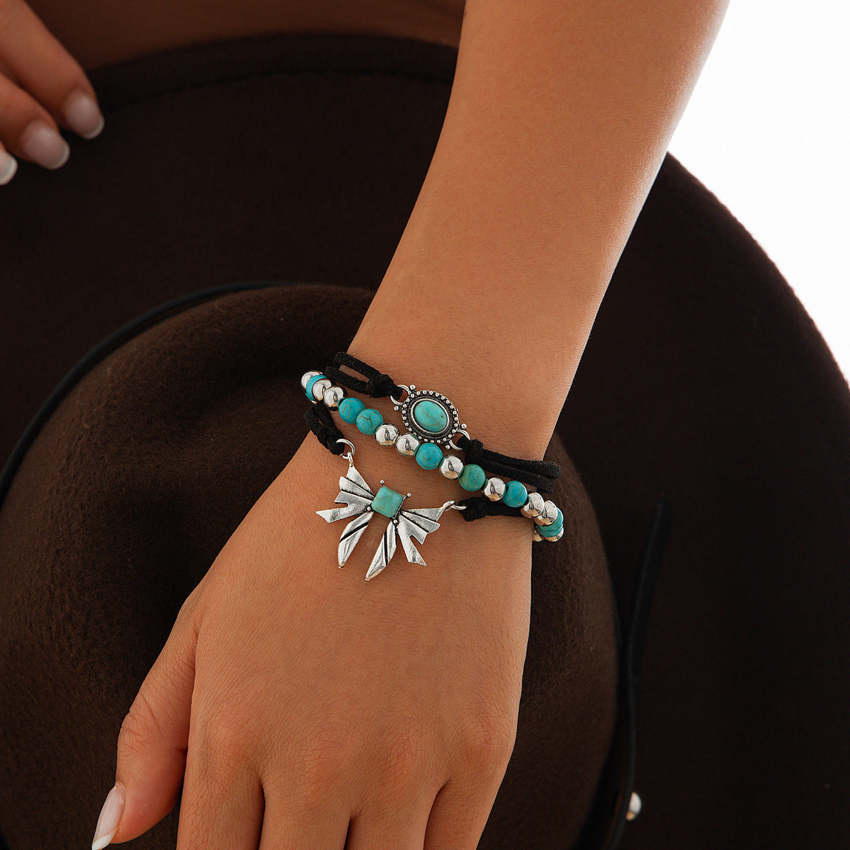 4-piece set of turquoise cowboy hat cross chain bracelet set, personalized multi-element bracelet
