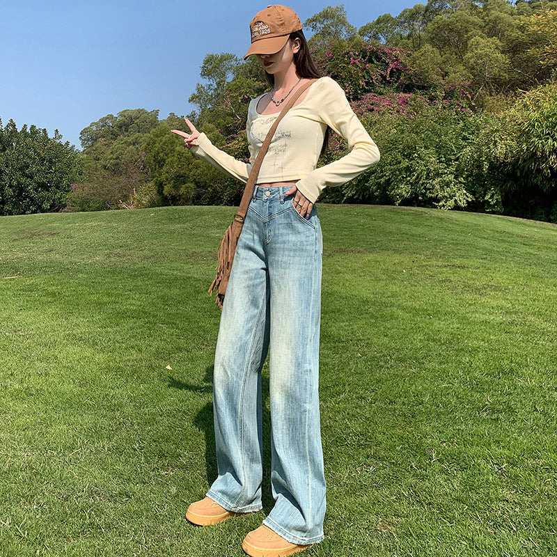 Women's Narrow  Straight Leg Jeans Summer New High-Waist Elastic Wide-Leg Floor-Length Pants