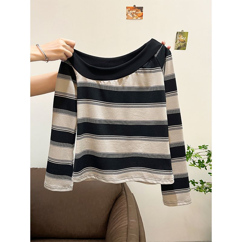 Chic Asymmetrical Shoulder Neckline Stripe Long Sleeve T-Shirt for Women, Black and Gray Striped Fashion Top with Unique Design, Casual Streetwear Style