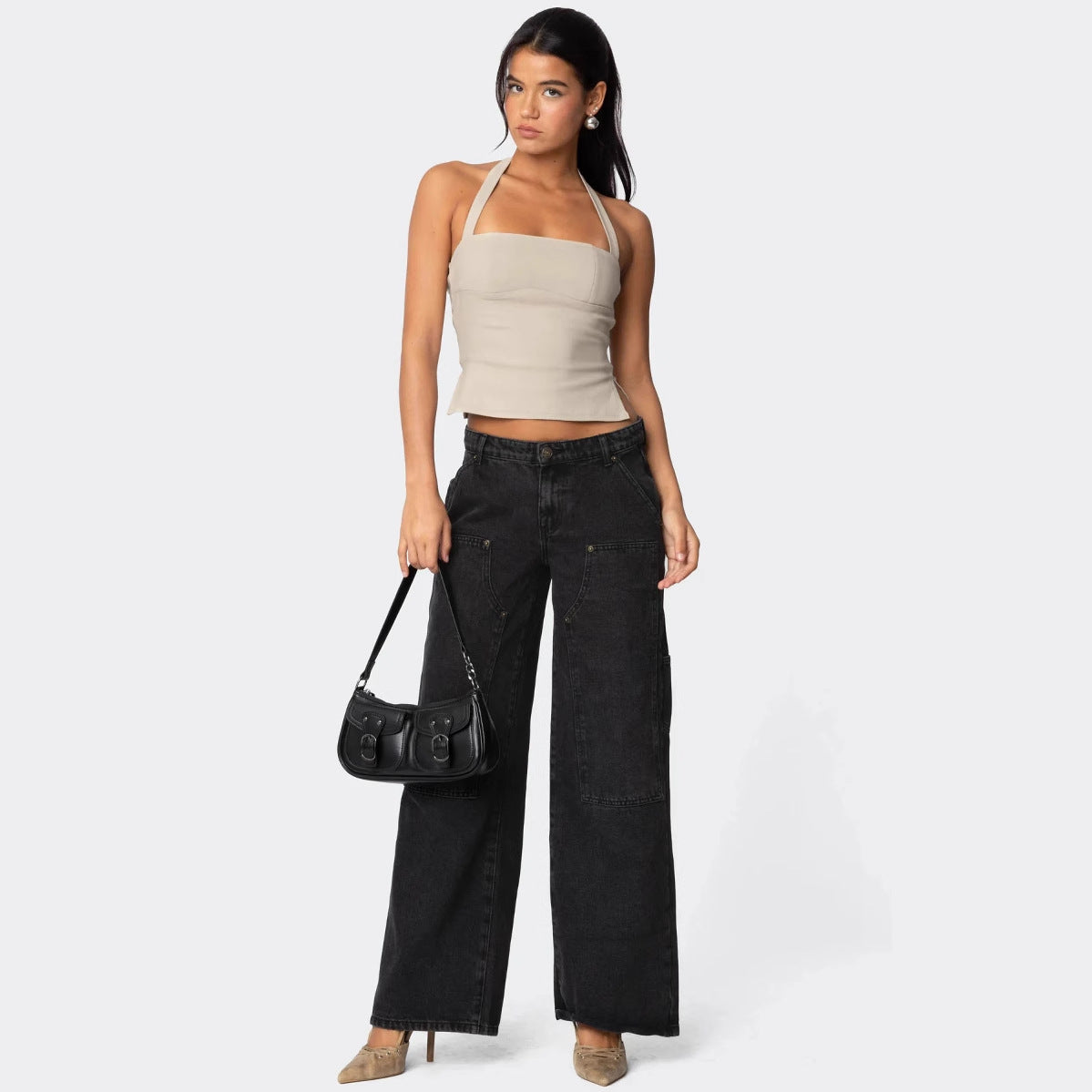 loose wide-leg oversized unique women's rivet double-knee flared cargo jeans casual straight-leg pants