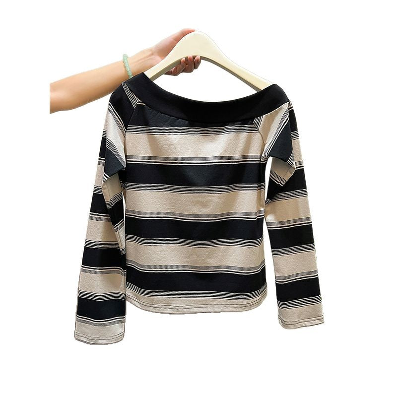 Chic Asymmetrical Shoulder Neckline Stripe Long Sleeve T-Shirt for Women, Black and Gray Striped Fashion Top with Unique Design, Casual Streetwear Style