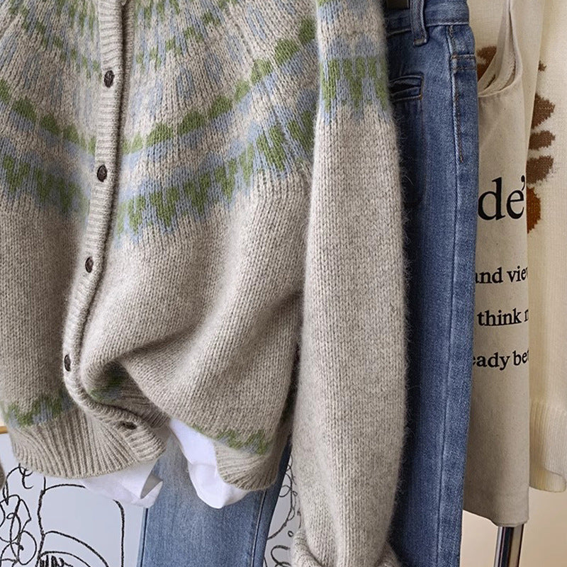 Raccoon Fur Fair Isle Christmas Knit Cardigan for Women, Spring and Autumn, Thickened Design, Unique Lazy Style Knit Outerwear