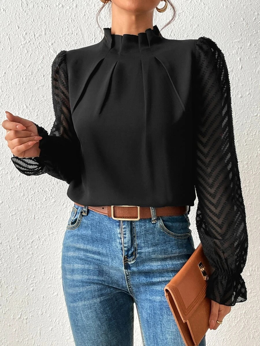 Autumn Winter New Women's High Neck Spliced Wave Pattern Chiffon Long Sleeve Top