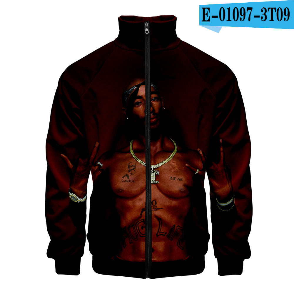 Rap singer 2PAC peripheral 3D color printed casual stand up collar sweatshirt