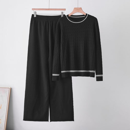 Chic Knit Two-Piece Set with Cable Knit Sweater, Round Neck, Long Sleeve Knit Top