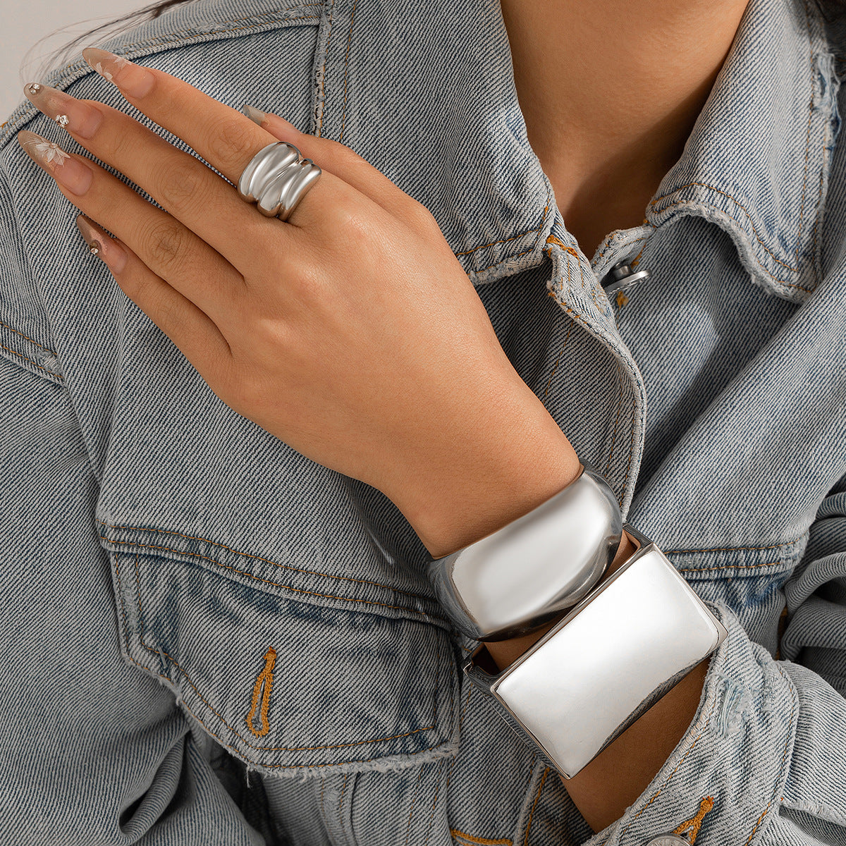 Bracelet Métal Carré Givré | Miroir Personnalisé Courbe | Bijou Rétro Femme