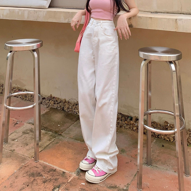 White Denim Pants Women High Waist Slim Straight Loose Tall Floor-Length Wide Leg Trousers