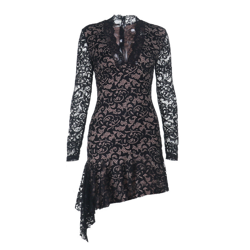 Lace long sleeved irregular hem deep V-dress