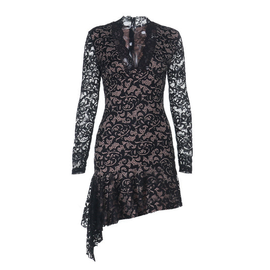 Lace long sleeved irregular hem deep V-dress