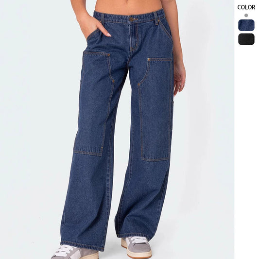loose wide-leg oversized unique women's rivet double-knee flared cargo jeans casual straight-leg pants