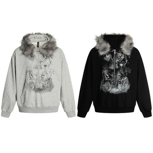 Half open collar spliced zipper hoodie