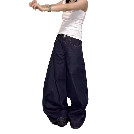 Vintage Deep Blue Wide Leg Jeans Women  Design Loose Straight Tapered Long Pants