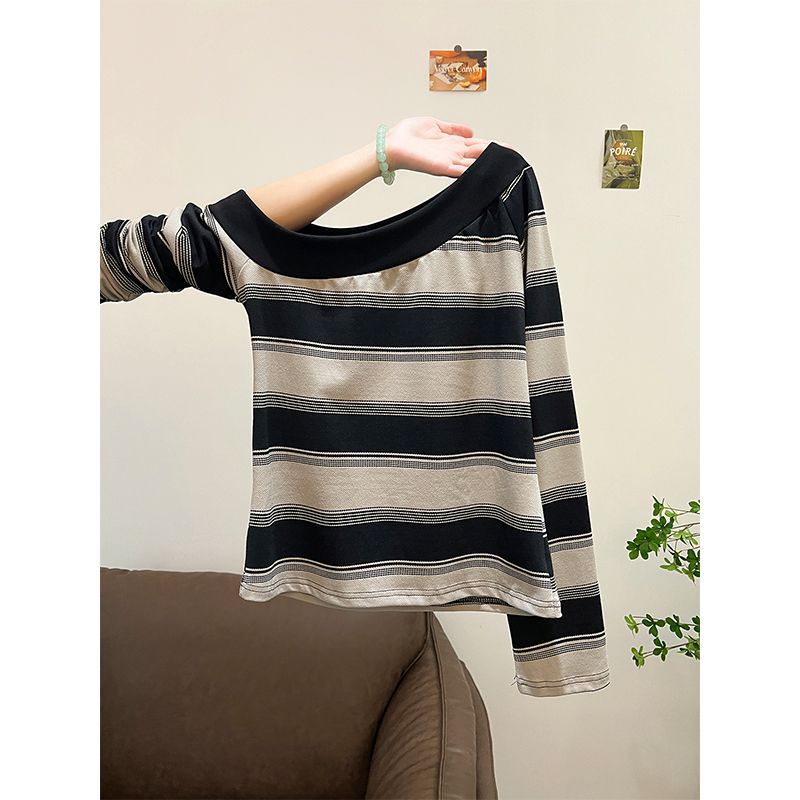 Chic Asymmetrical Shoulder Neckline Stripe Long Sleeve T-Shirt for Women, Black and Gray Striped Fashion Top with Unique Design, Casual Streetwear Style