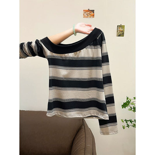 Chic Asymmetrical Shoulder Neckline Stripe Long Sleeve T-Shirt for Women, Black and Gray Striped Fashion Top with Unique Design, Casual Streetwear Style