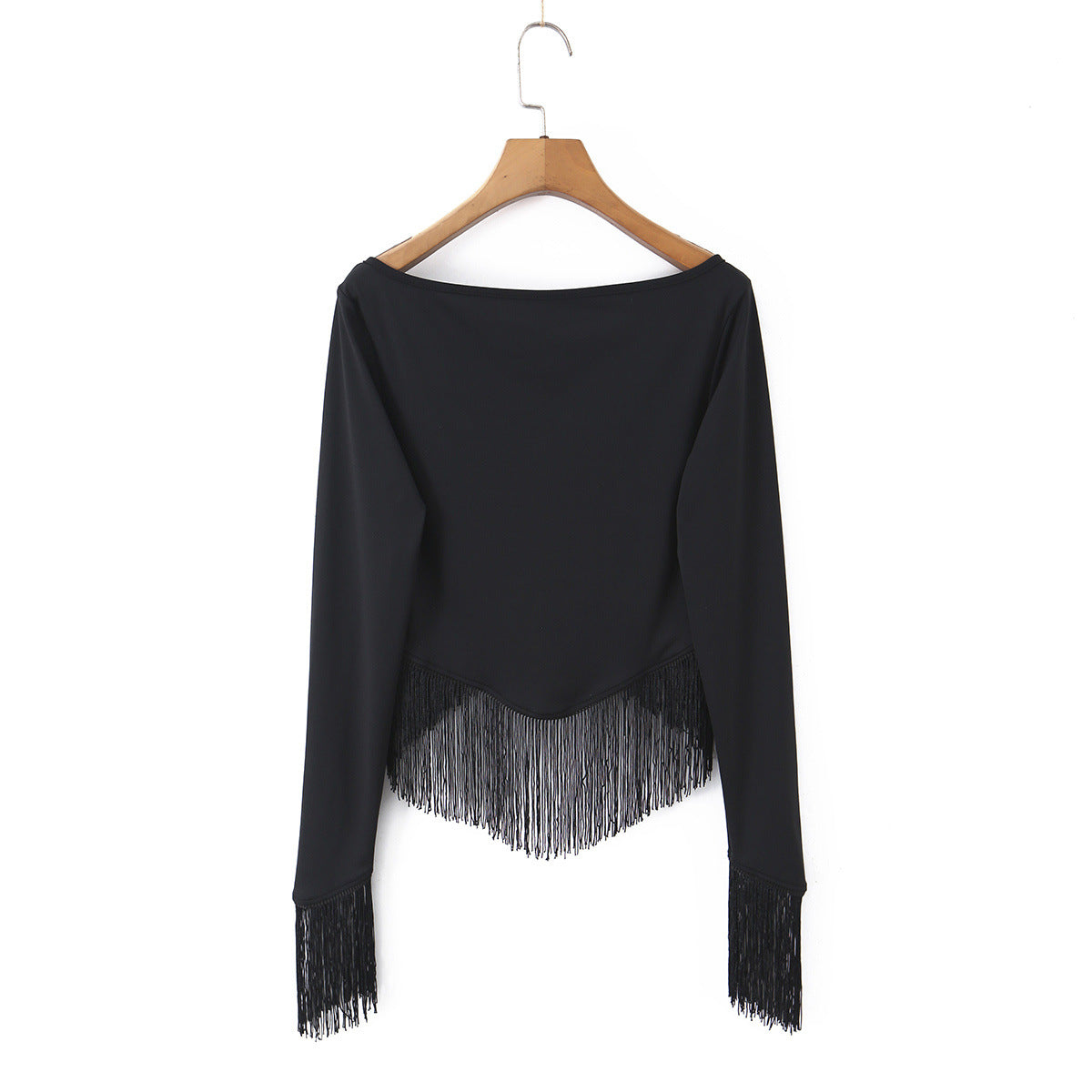 Vacation style high elasticity V-neck tassel top