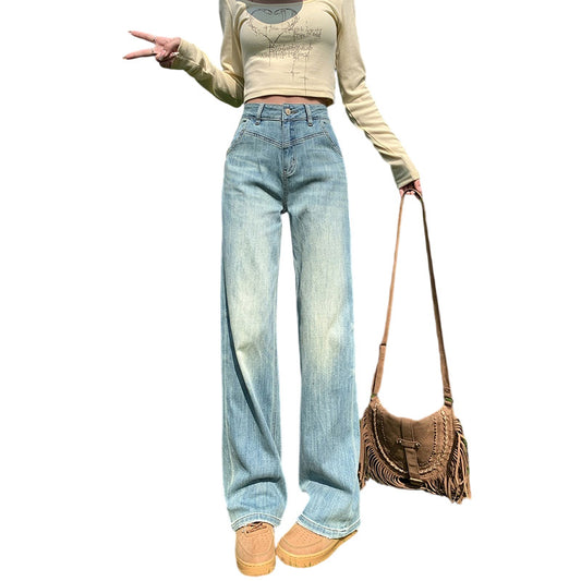 Women's Narrow  Straight Leg Jeans Summer New High-Waist Elastic Wide-Leg Floor-Length Pants