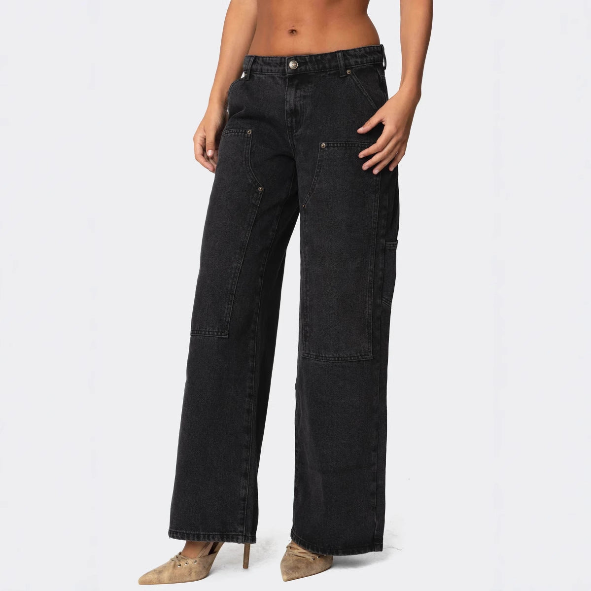 loose wide-leg oversized unique women's rivet double-knee flared cargo jeans casual straight-leg pants