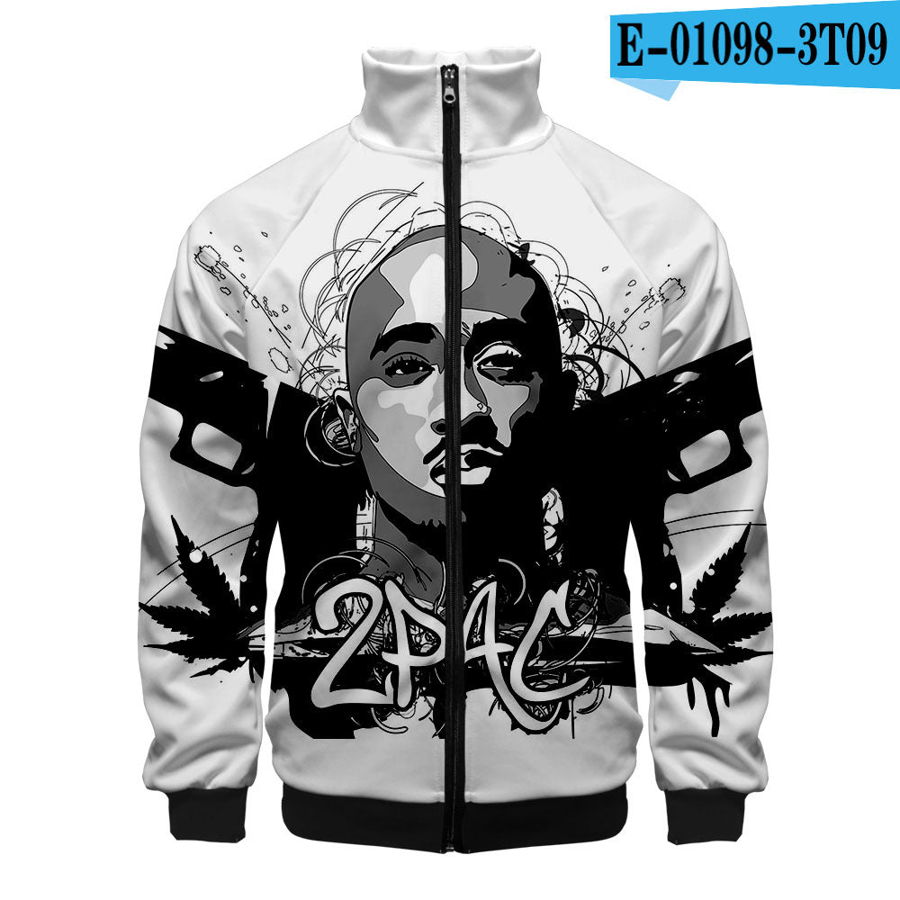 Rap singer 2PAC peripheral 3D color printed casual stand up collar sweatshirt