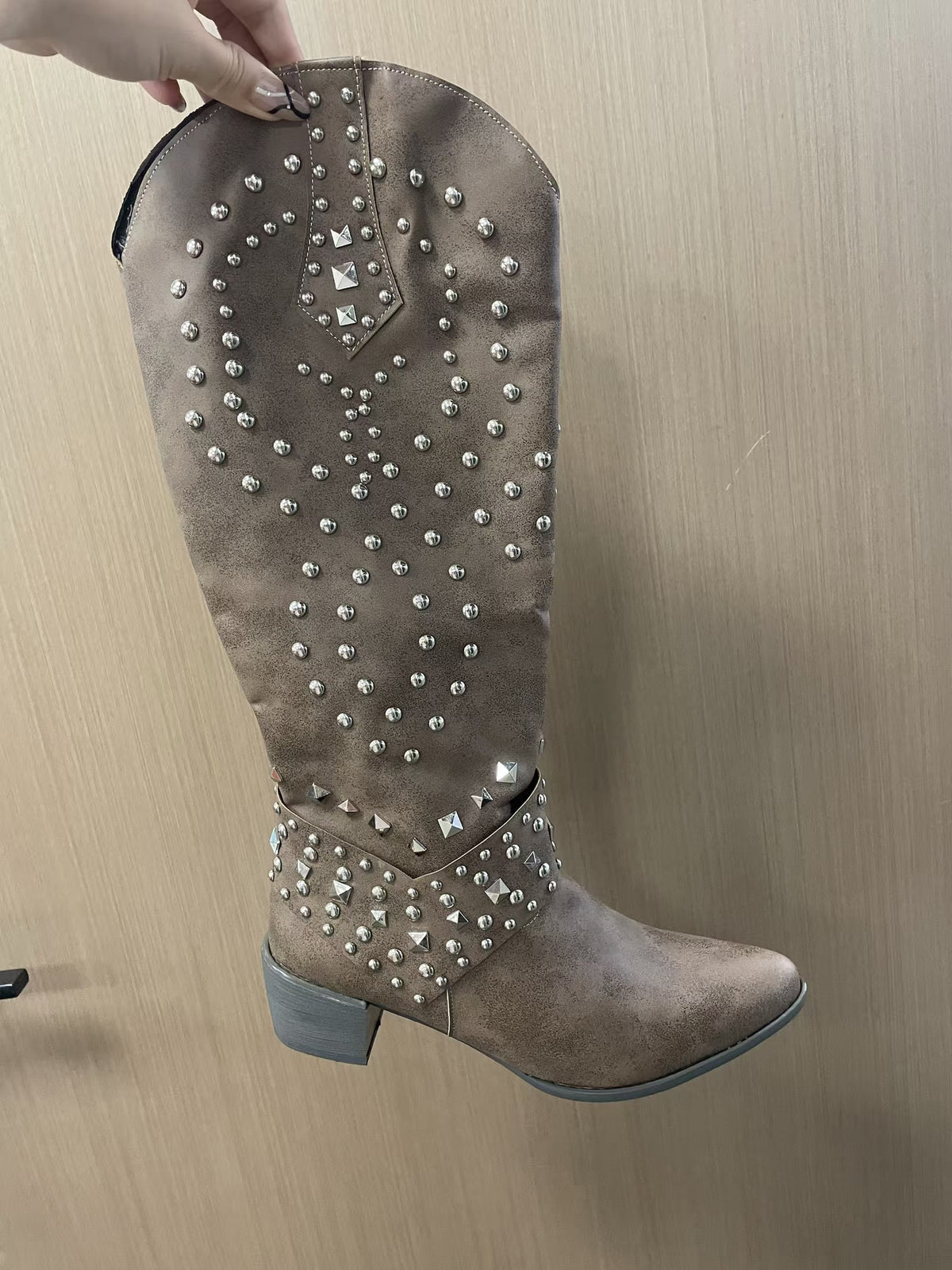 Riveted long boots thick heel middle heel riveted high heeled women's boots