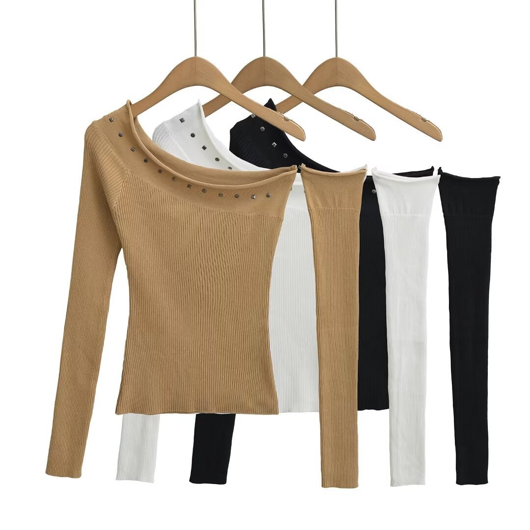 Solid color off shoulder top with sloping shoulders