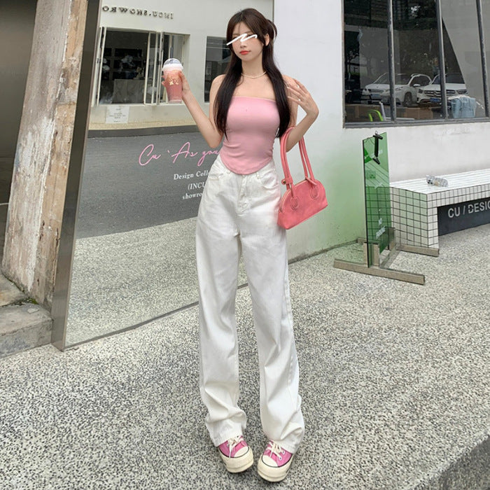 White Denim Pants Women High Waist Slim Straight Loose Tall Floor-Length Wide Leg Trousers