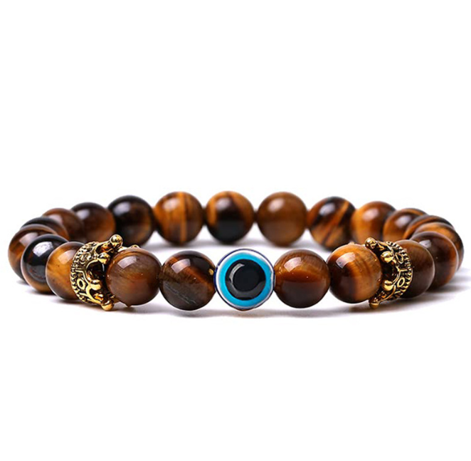 Bracelet Oeil de Tigre Couronne | Œil du Diable Pierre Naturelle | Bijou Couple