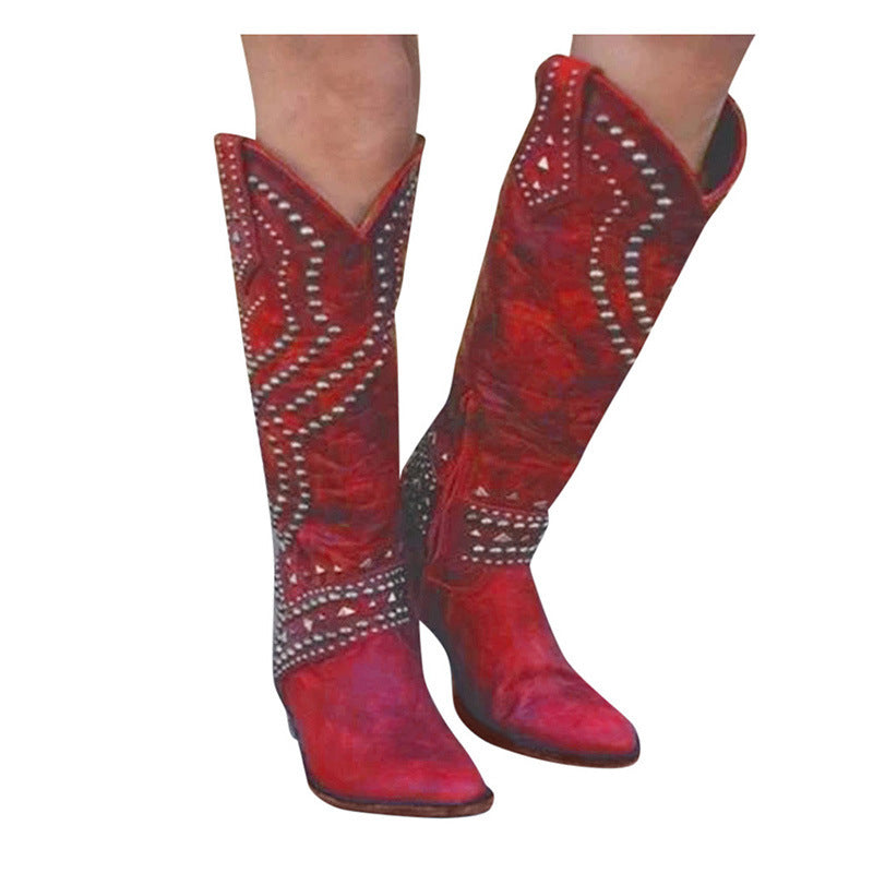 Riveted long boots thick heel middle heel riveted high heeled women's boots