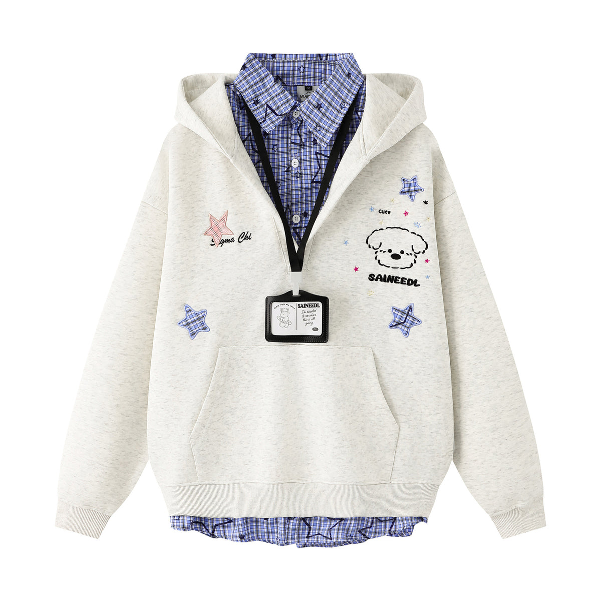Embroidery Plaid Patchwork Mock Two-Piece Loose Versatile Polo Neck Sweatshirt