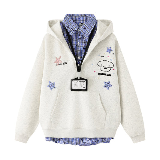 Embroidery Plaid Patchwork Mock Two-Piece Loose Versatile Polo Neck Sweatshirt