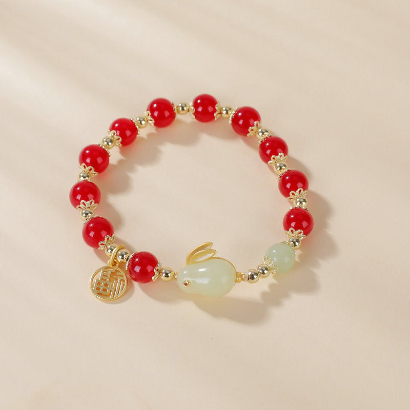 Bracelet Perles Jade Imitation | Lapin Rouge Agate Personnalisé | Bijou Femme