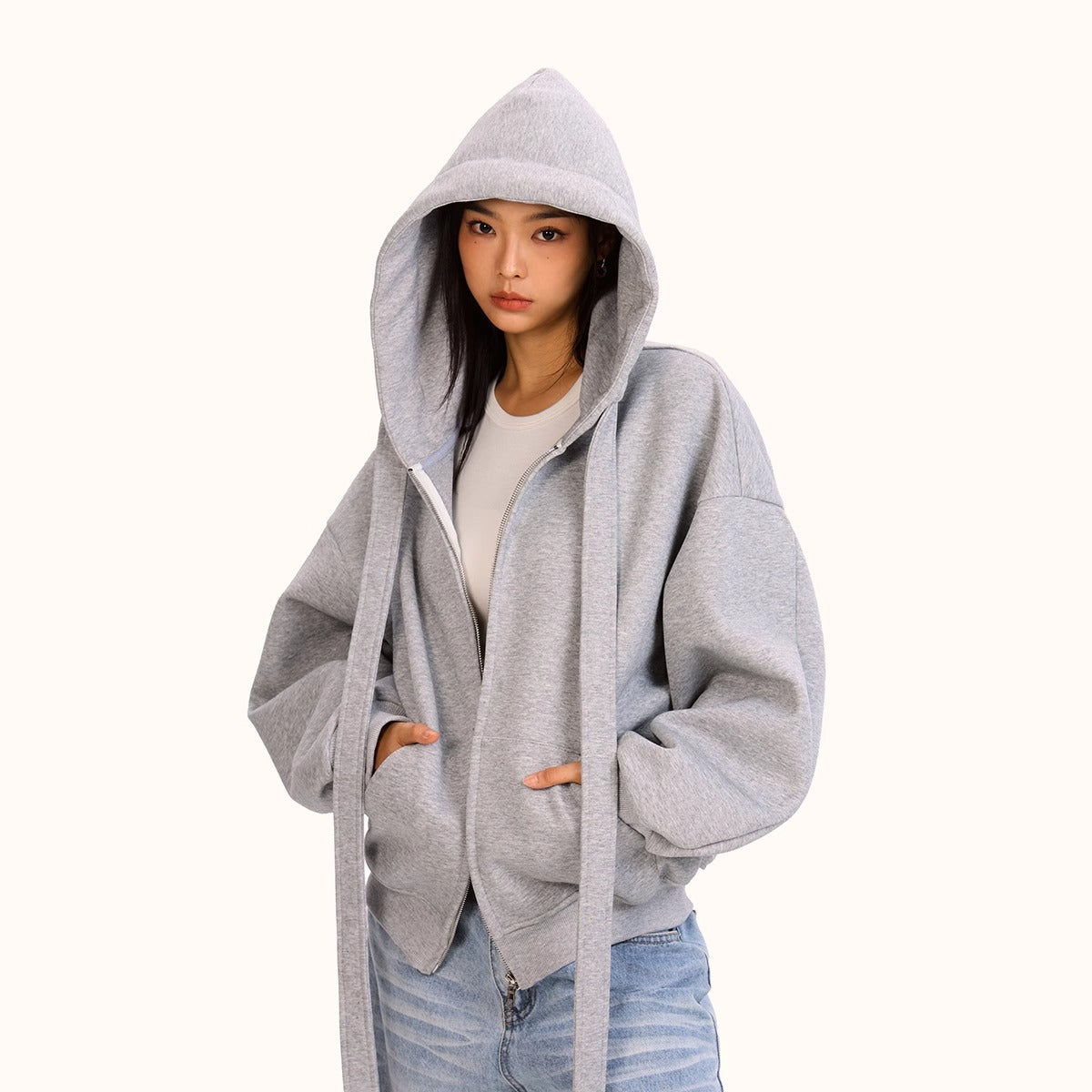 Style Tie-Bow Hooded Zip-Up Sweatshirt for Women, Casual Loose  Outerwear