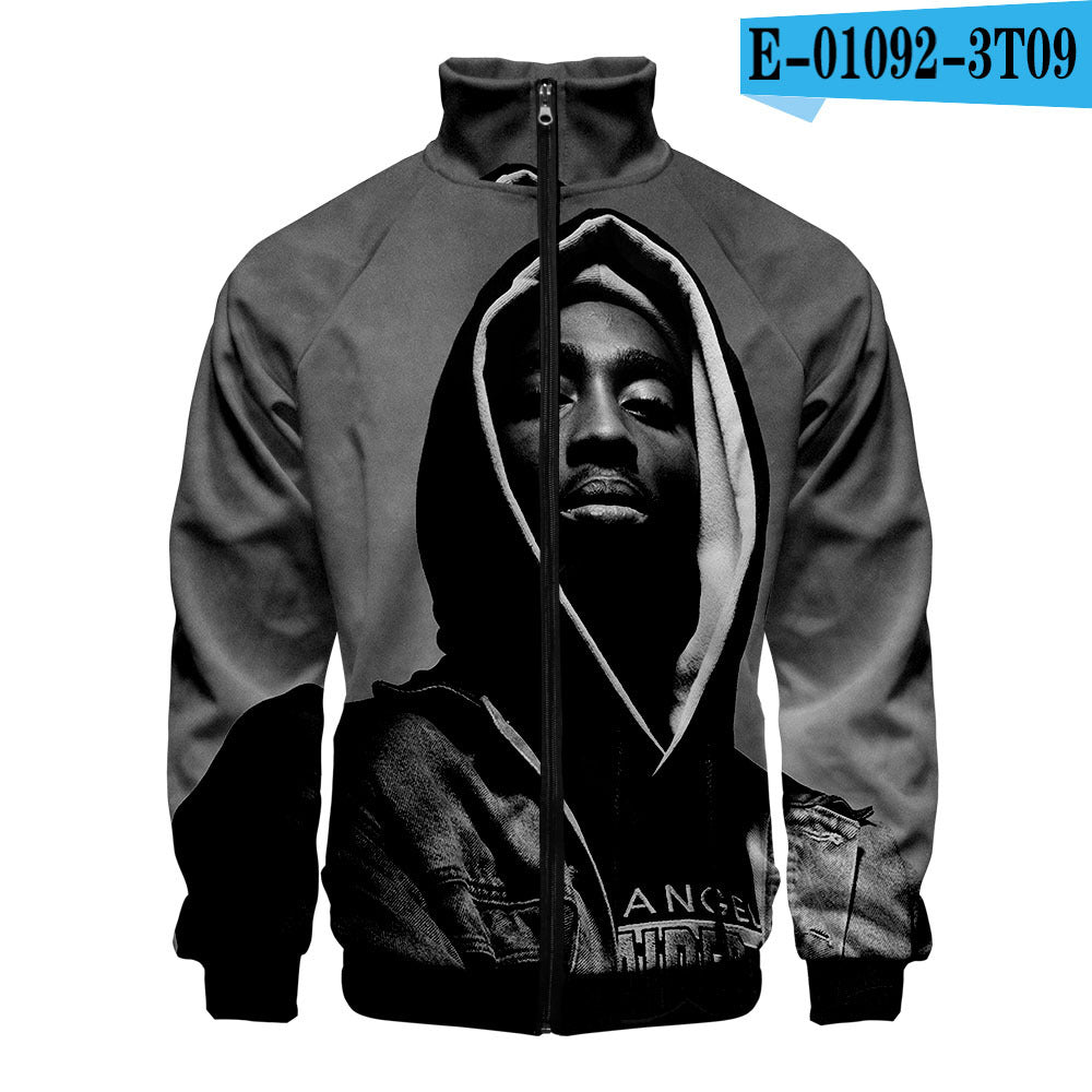 Rap singer 2PAC peripheral 3D color printed casual stand up collar sweatshirt