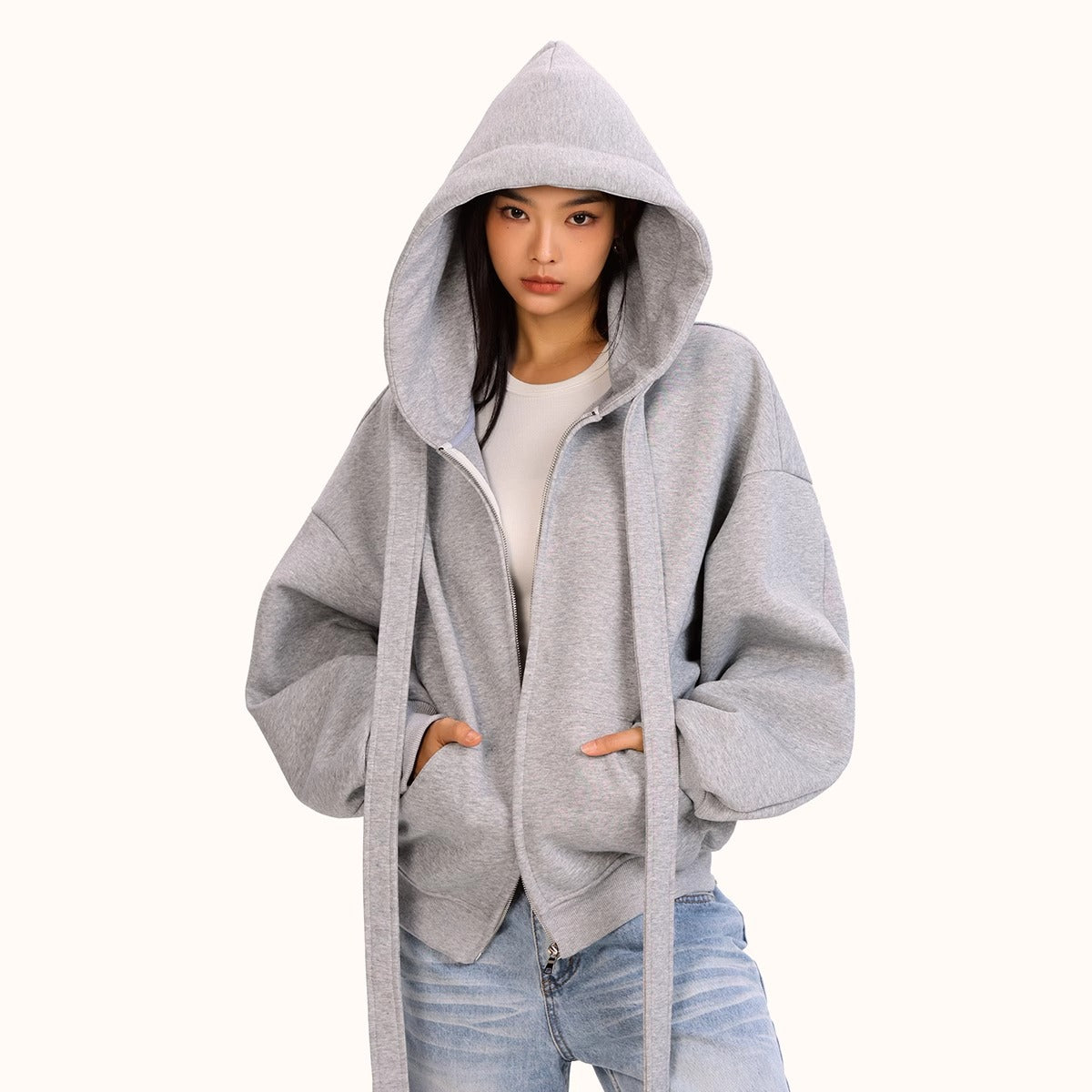 Style Tie-Bow Hooded Zip-Up Sweatshirt for Women, Casual Loose  Outerwear