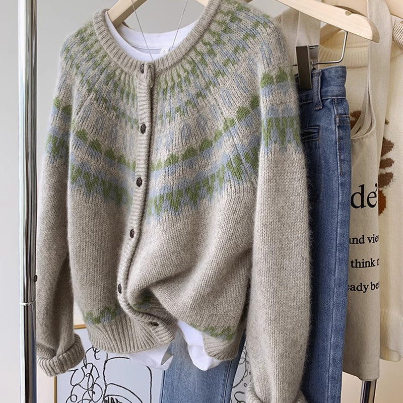 Raccoon Fur Fair Isle Christmas Knit Cardigan for Women, Spring and Autumn, Thickened Design, Unique Lazy Style Knit Outerwear