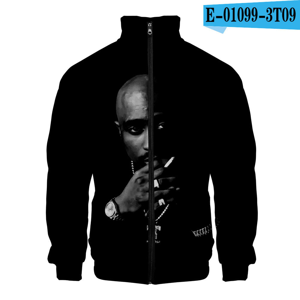 Rap singer 2PAC peripheral 3D color printed casual stand up collar sweatshirt