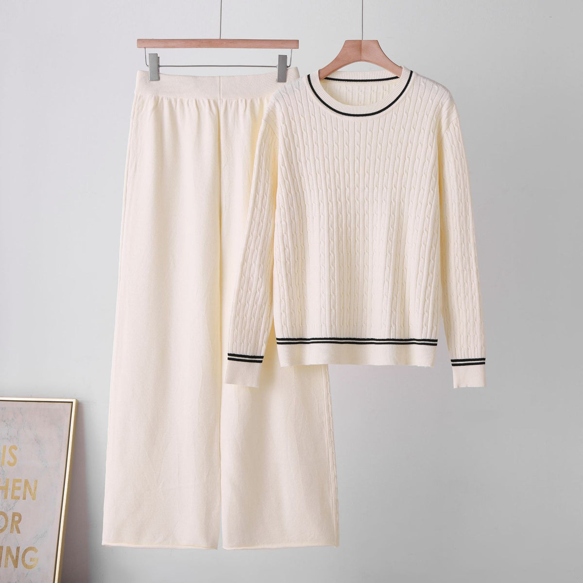 Chic Knit Two-Piece Set with Cable Knit Sweater, Round Neck, Long Sleeve Knit Top