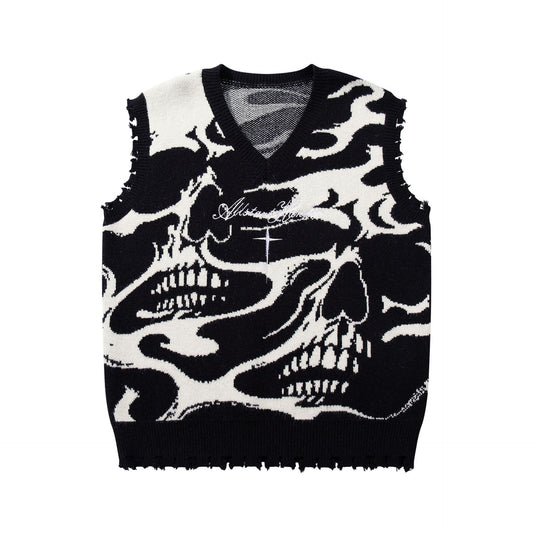 Dark skull cuts through sweater vest V-neck