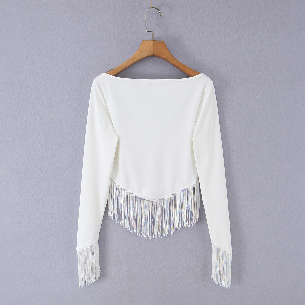 Vacation style high elasticity V-neck tassel top