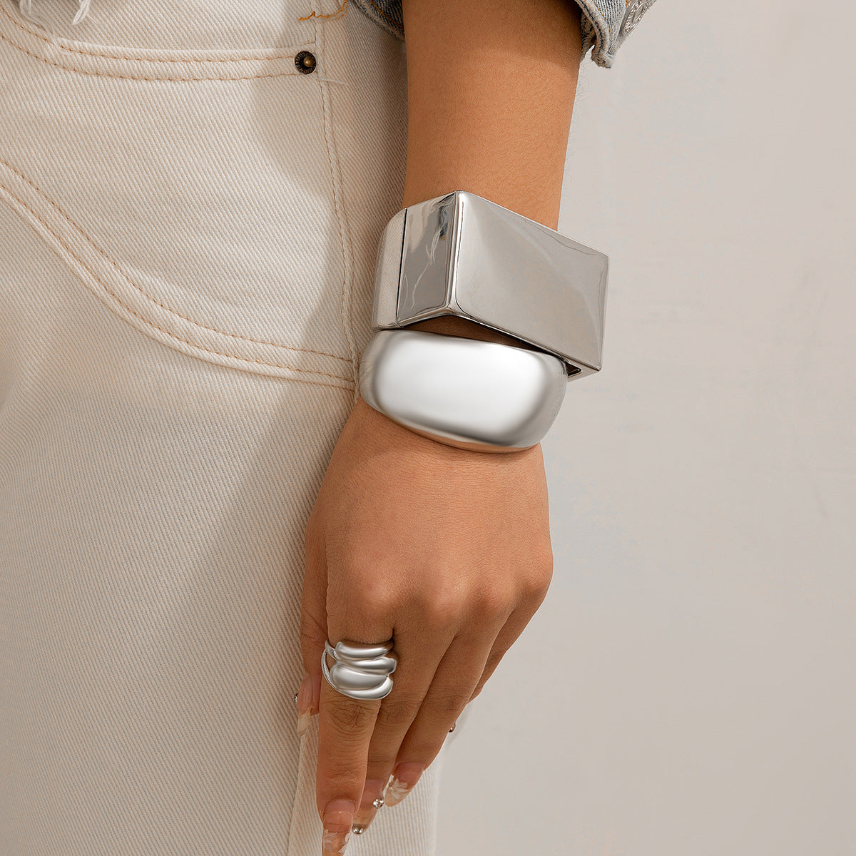 Bracelet Métal Carré Givré | Miroir Personnalisé Courbe | Bijou Rétro Femme