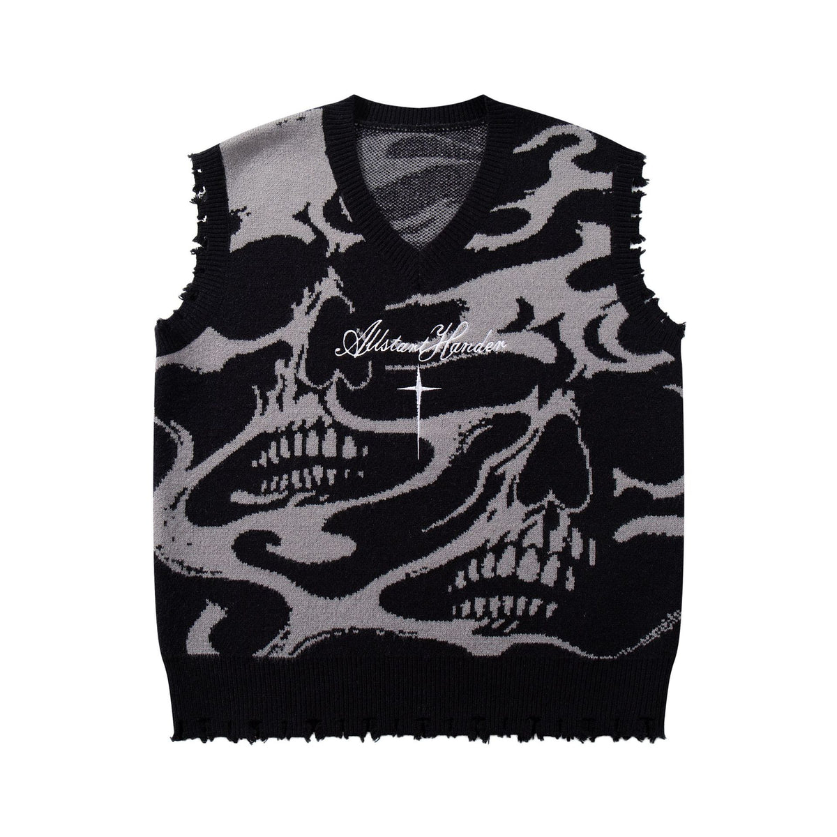 Dark skull cuts through sweater vest V-neck